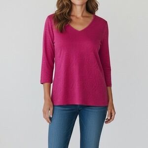 Coldwater Creek Womens XL Pink Floral Burnout V-Neck 3/4 Sleeve Top 4023922